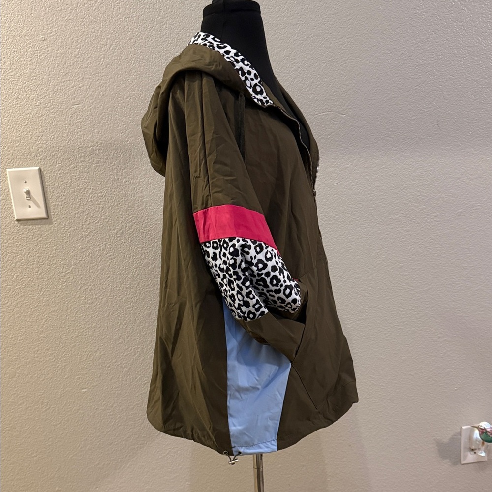 Olive Hooded Anorak Jacket with Pink, Blue & Leopard Accents - Picture 2 of 6